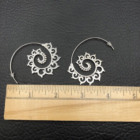 Spiral Hoop Earrings Silver Tone Fractal Curls - Picture 4 of 5
